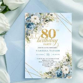 Stylish Dusty Blue Floral Gold 80th Birthday Invit Einladung