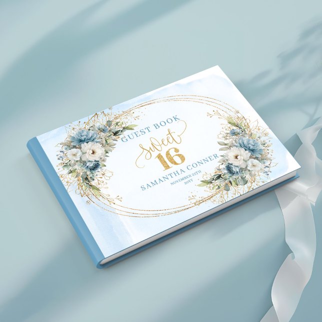 Stylish Dusty Blue Floral Gold Sweet 16th Guest  Gästebuch (Stylish Dusty Blue Floral Gold Sweet 16th Guest Book)