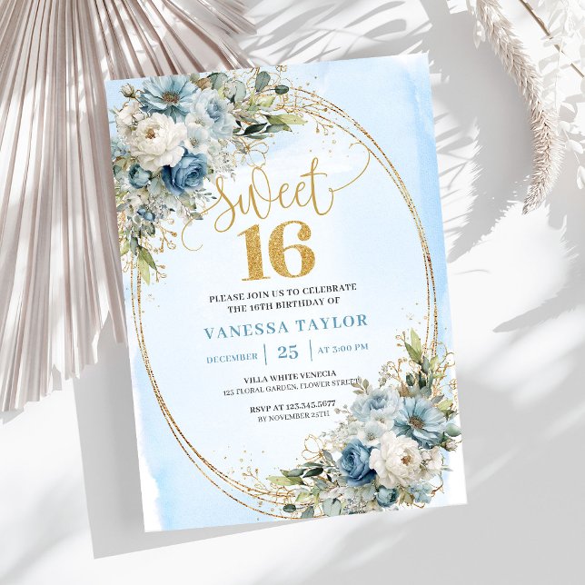 Stylish Dusty Blue Greenery Sweet Sixteen Invite  Einladung (Stylish Dusty Blue Greenery Sweet Sixteen Invite Design

)