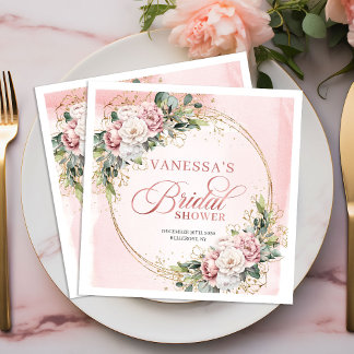 Stylish dusty pink floral greenery bridal shower serviette