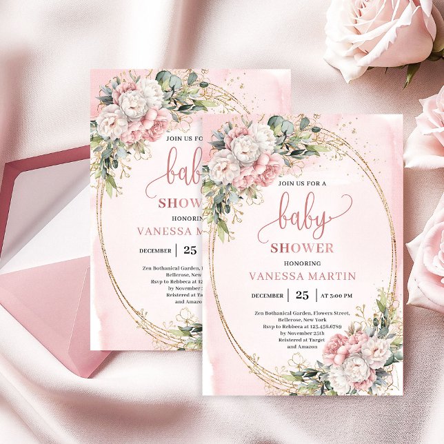 Stylish Dusty Pink Flowers Greenery Girl Baby   Einladung (Stylish Dusty Pink Flowers Greenery Girl Baby Shower)