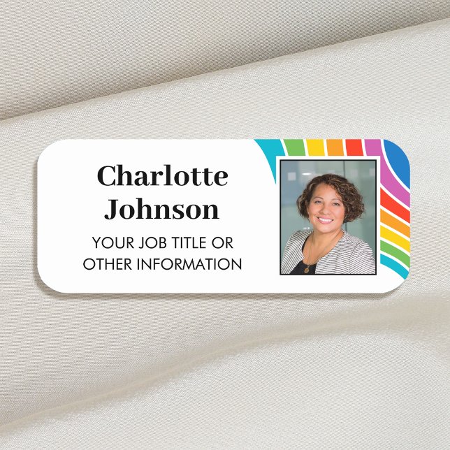 Stylish Employee Foto ID Rainbow Wave Custom Namensschild (Von Creator hochgeladen)