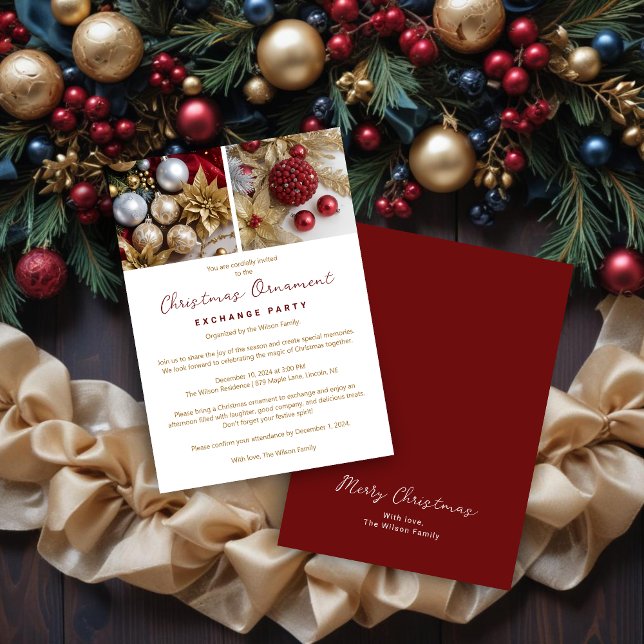Stylish Festive Christmas Ornament Exchange Party  Einladung (Stylish Festive Christmas Ornament Exchange Party Invitations Cards. )
