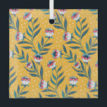 Stylish Floral Motif with Dots and Green Leaves Ornament Aus Glas<br><div class="desc">Floral pattern on a yellow background with white dots. Features stylized red,  white,  and blue flowers and green leaves,  creating a lively,  vibrant feel.</div>