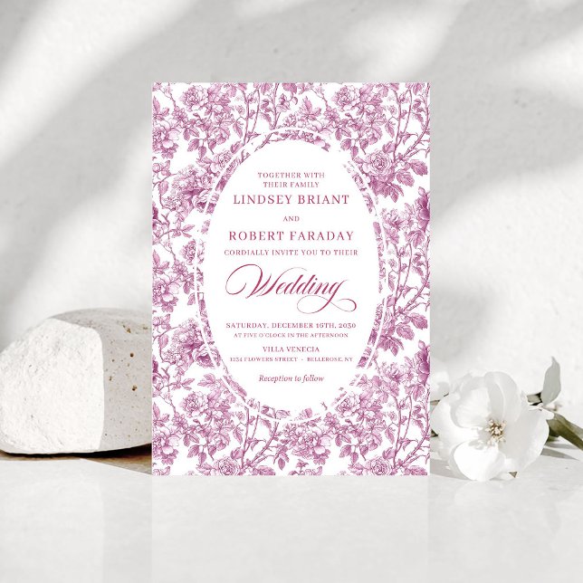 Stylish Fuchsia Rose Gold Toile Floral Wedding  Einladung (Stylish Fuchsia Rose Gold Toile Floral Wedding Invitation)