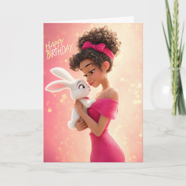 Stylish Girl in Hot Pink w/ White Bunny Birthday Karte (Vorderseite)