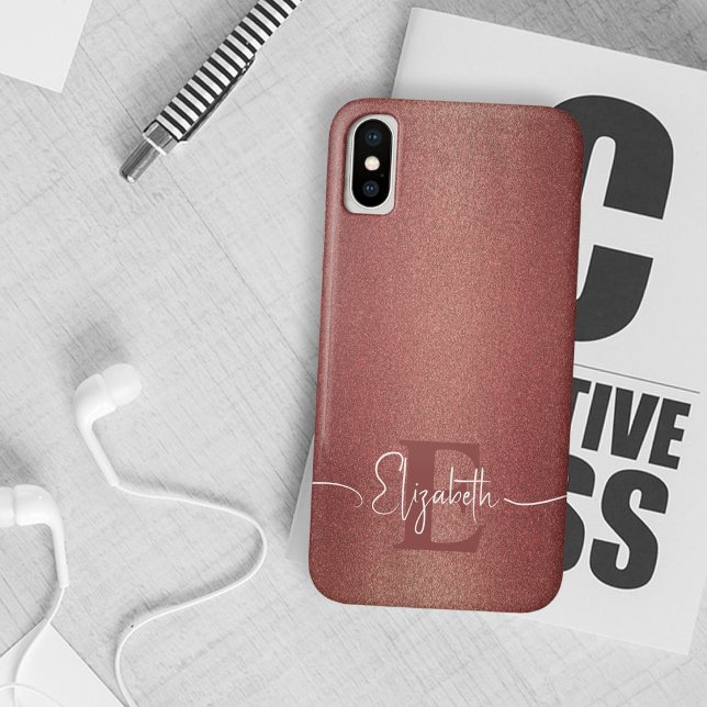 Stylish Girly Chic Maroon Glitzer Monogramm Name Case-Mate iPhone Hülle (Von Creator hochgeladen)