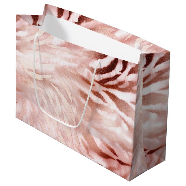 Stylish Girly Pink Rose Gold Zebra Glam Glitz Große Geschenktüte (Vorderseite Schrägansicht)
