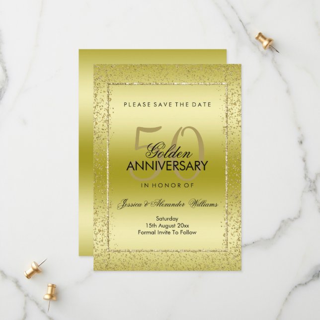 Stylish Gold Confetti 50. Hochzeit Save The Date (Vorderseite/Rückseite Beispiel)