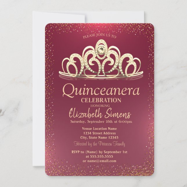 Stylish Gold Confetti Tiara Burgundy Quinceañera Einladung (Vorderseite)
