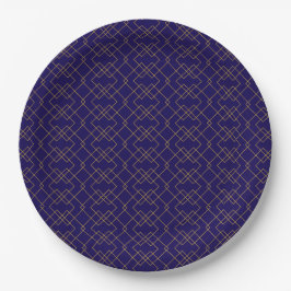 Stylish Gold Geometric Box Design Dark Blue Round Pappteller