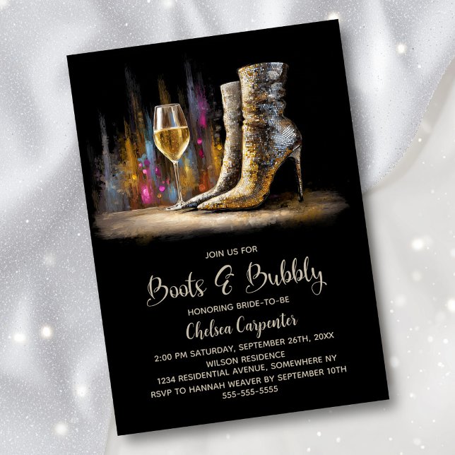 Stylish Gold Sequin Boots and Bubbly Bridal Shower Einladung (Von Creator hochgeladen)