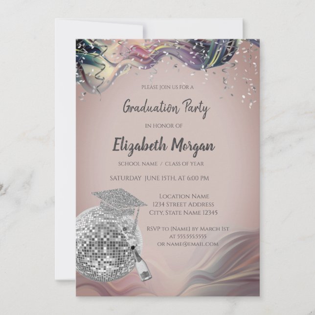 Stylish Grad Cap,Disco Ball,Wine Violet Abstract Einladung (Vorderseite)