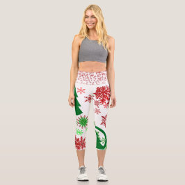 Stylish Green Christmas Tree Red Snowflakes White  Capri Leggings
