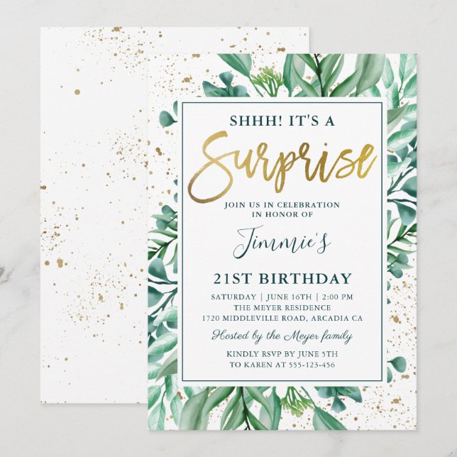 Stylish Greenery Gold Glitzer Überraschung Geburts Einladung (Vorne/Hinten)