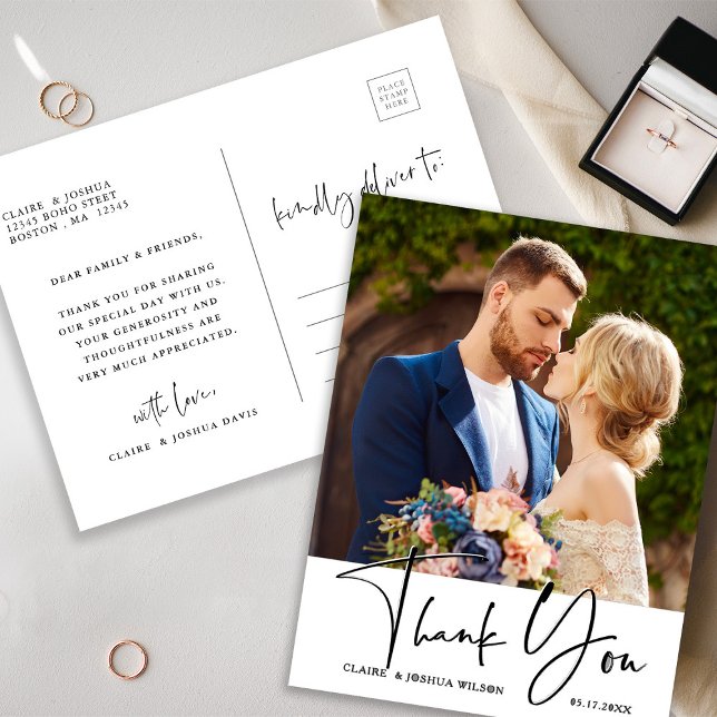 Stylish Hand Lettered Wedding Foto Vielen Dank Postkarte (Front & Back)