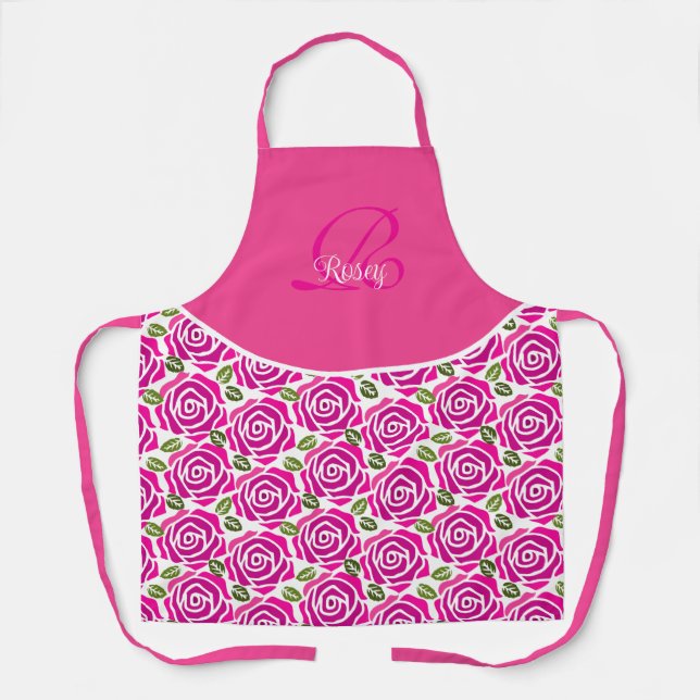 Stylish Initial Name Hot Pink Magenta Roses Custom Schürze (Vorderseite)