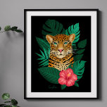Stylish Jungle Leopard Floral Art | Green Black Poster<br><div class="desc">This stunning art print poster features a hand drawn leopard,  with tropical jungle leaves and a bright pink hibiscus flower over a custom color background (shown in black). Modern,  beautiful,  and unique - makes a great gift! *Artwork / Illustration by Tracey Khalei / Orabella Prints</div>