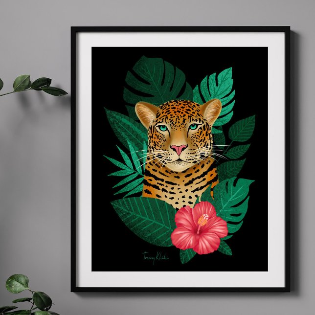 Stylish Jungle Leopard Floral Art | Green Black Poster (Von Creator hochgeladen)