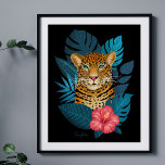 Stylish Jungle Leopard Floral Art | Navy Blue Poster<br><div class="desc">This stunning art print poster features a hand drawn leopard, with tropical jungle leaves in shades of blue, as well as a bright pink hibiscus flower, over a custom color background (shown in navy blue). Modern, beautiful, and unique - makes a great gift! *Artwork / Illustration by Tracey Khalei /...</div>