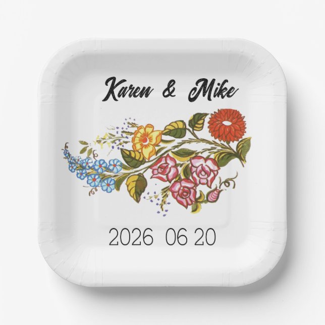 Stylish Kalocsai  flowers - personalized wedding Pappteller (Vorderseite)