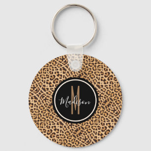 Stylish Leopard Print Monogrammed Script Name Schlüsselanhänger