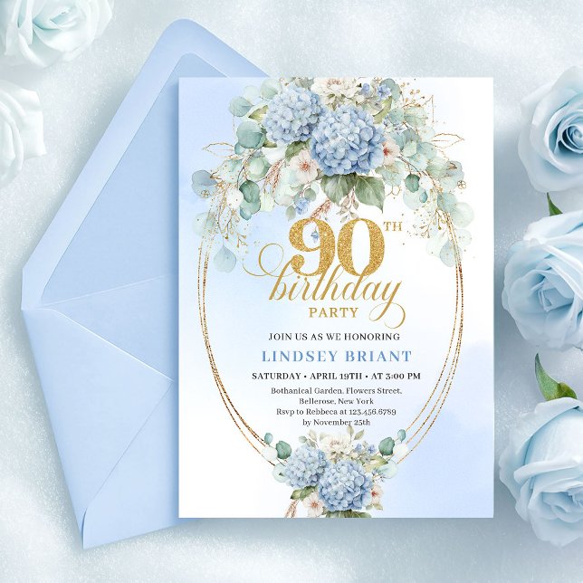 Stylish Light Blue Hydrangeas 90th Birthday Invite Einladung (Stylish Light Blue Hydrangeas 90th Birthday Invite)
