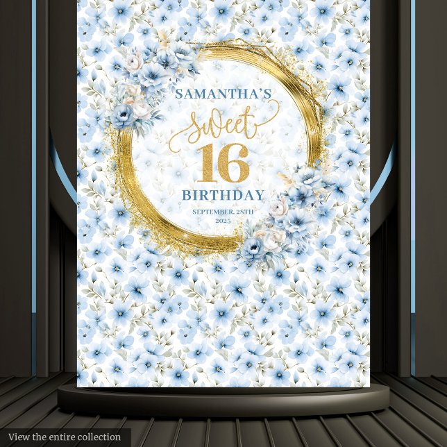 Stylish Light Blue Sweet 16 Gold Glitzer Banner Wandteppich (Stylish Light Blue Sweet 16 Gold Glitter Banner Tapestry )
