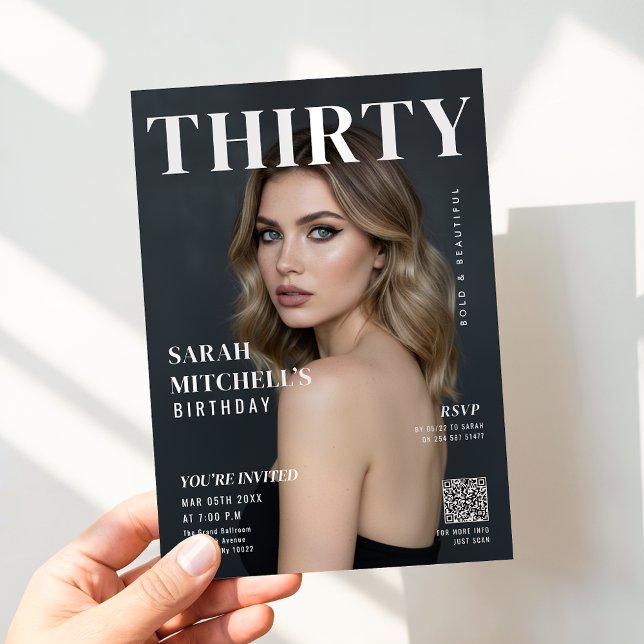 Stylish Magazine Cover Photo 30th Birthday QR Code Einladung (Von Creator hochgeladen)
