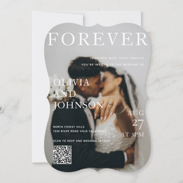 Stylish Magazine Style Qr Code Wedding Invitation Einladung (Vorderseite)