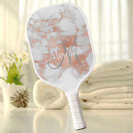 Stylish Marble-look Monogram Initial Name Pickleball Schläger