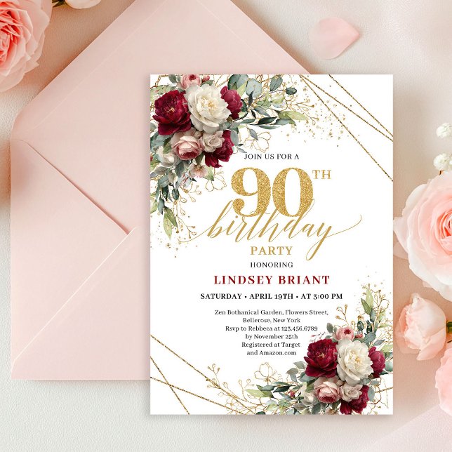 Stylish Marsala Gold Roses 90th Birthday Invitatio Einladung (Stylish Marsala Gold Roses 90th Birthday Invitation

)
