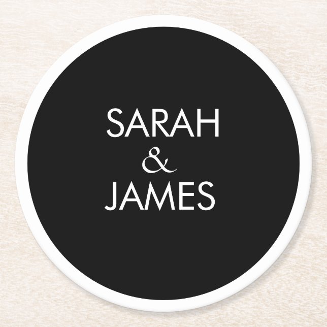 STYLISH MINIMAL PERSONALISIERT NAME BLACK WEDD RUNDER PAPPUNTERSETZER (Vorderseite)