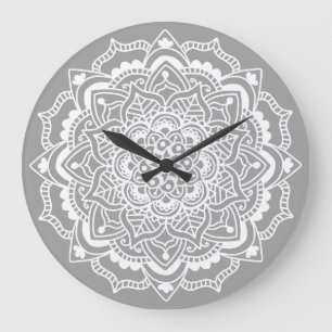 Stylish Modern Grey White Boho Bohemian Mandala Große Wanduhr