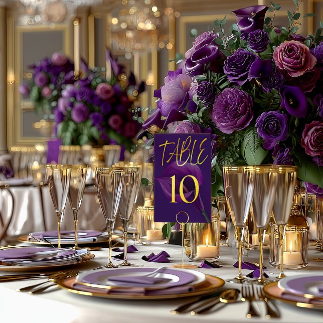 Stylish Modern Purple Calla Lily Table Number Tischnummer (Striking Purple and Gold Calla Lily Table Number )