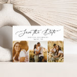 Stylish Modern Script 3-Foto Multi Save The Date<br><div class="desc">Dieses elegante Save the Date verfügt über 3 Fotos mit anmutiger moderner Kalligraphie-Schrift. Fügen Sie der Rückseite weitere Details hinzu.</div>