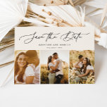 Stylish Modern Script 3-Photo Multi Beige Save The Date<br><div class="desc">This elegant save the date features 3 photos with graceful modern calligraphy script. Add additional details to the back.</div>
