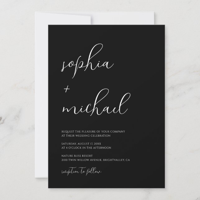 Stylish Modern Script Black And White Wedding Einladung (Vorderseite)