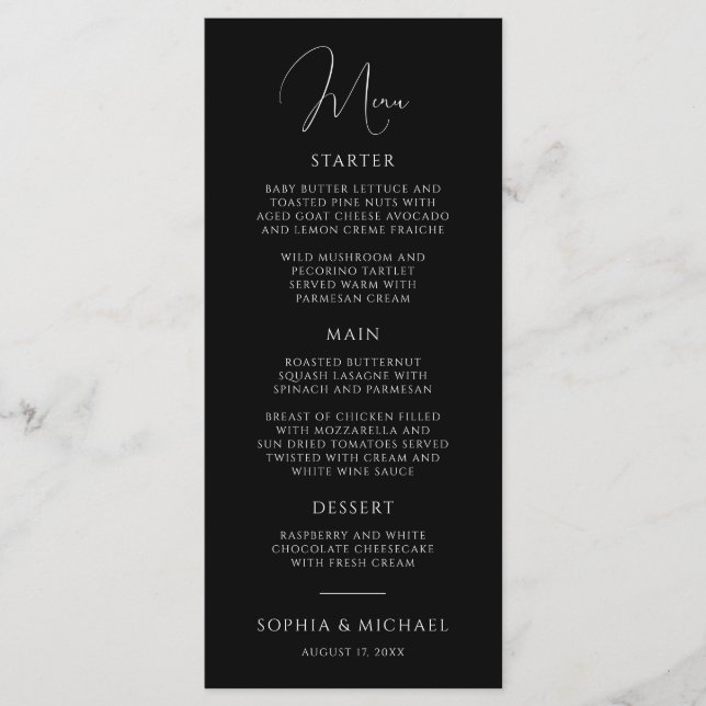 Stylish Modern Script Black And White Wedding Menükarte (Vorderseite)