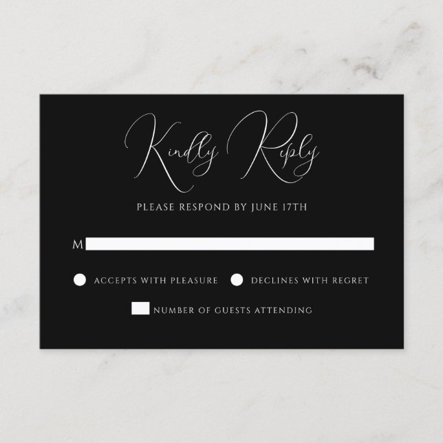 Stylish Modern Script Black And White Wedding RSVP Karte (Vorderseite)