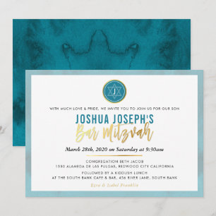 STYLISH MONOGRAM BAR MITZVAH aquamarin-blaues Gold Einladung
