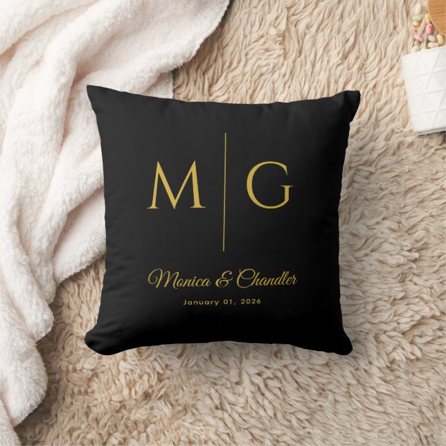 Stylish Monogram With Couple Name Black Kissen (Decke)