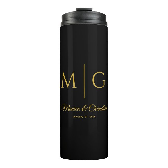 Stylish Monogram With Couple Name Black Thermosbecher (Vorderseite)