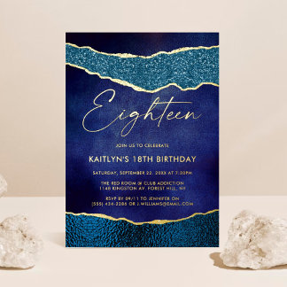 Stylish Navy Blue Geoed Agate 18. Geburtstag Real Folieneinladung