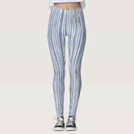 Stylish Pale Blue Striped Watercolor Daisy Leggings