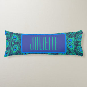 STYLISH PEACOCK FEATHERS IN GREEN & BLAUE MIT TEXT SEITENSCHLÄFERKISSEN