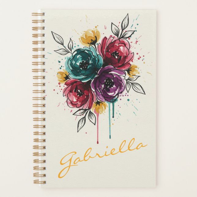 Stylish Personalized Vibrant Watercolor Floral Planer (Vorderseite)