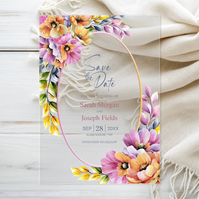 Stylish Pink and Orange Floral Save The Date Acryleinladungen (Von Creator hochgeladen)