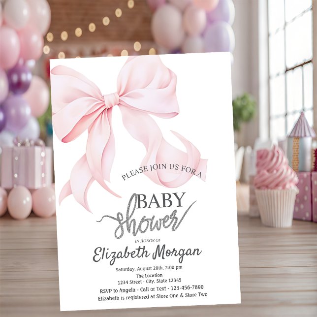 Stylish Pink Bow Striped Baby Shower Einladung (Von Creator hochgeladen)