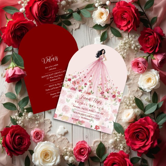 Stylish Pink Floral Tulle Model Bridal Shower Einladung (Stylish Pink Floral Tulle Bridal Shower Invitation Featuring Watercolor Effect Woman Illustration.)
